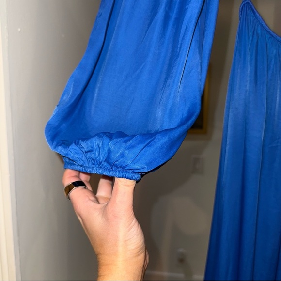 Farm Rio Blue Satin Long Sleeve Cut Out Knot Royal Blue Midi Dress Sz Small NWT - Picture 5 of 16